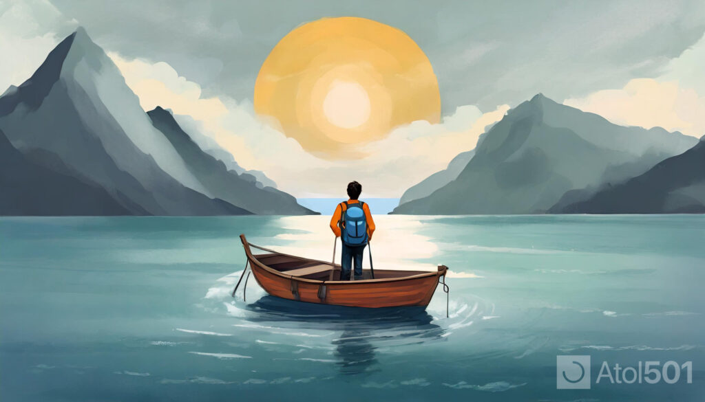 Ilustração da Jornada do Investidor rumo à Independência Financeira. Uma pessoa está de pé em um barco em águas tranquilas, olhando o sol no horizonte entre montanhas e nuvens.